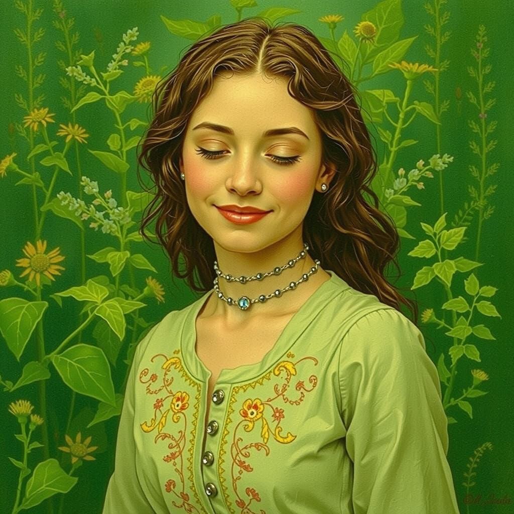 Woman in Embroidered Dress in Lush Garden