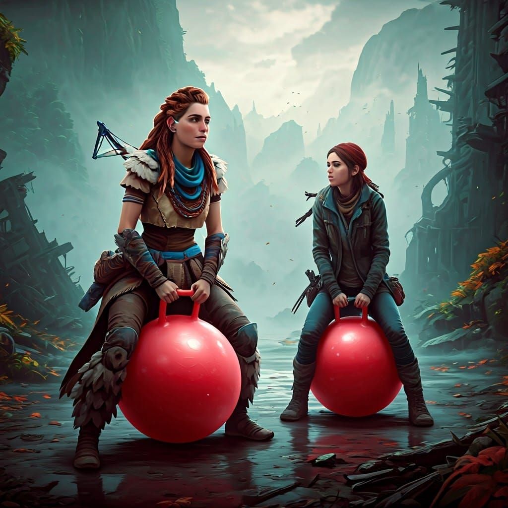 Aloy and Ellie Bouncing, Hyperrealistic Post-Apocalyptic Sce...