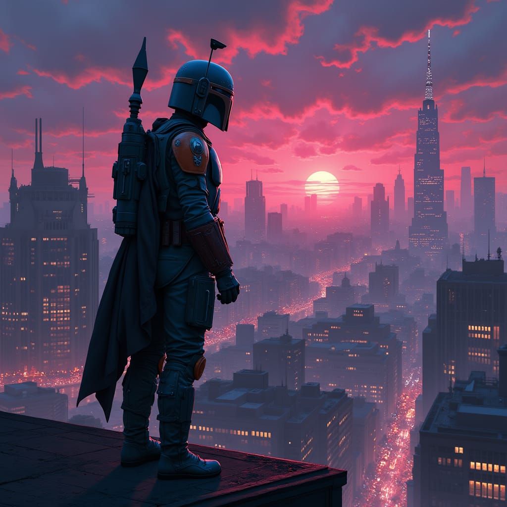 Mandalorian Bounty Hunter Jango Fett in Neon Cityscape