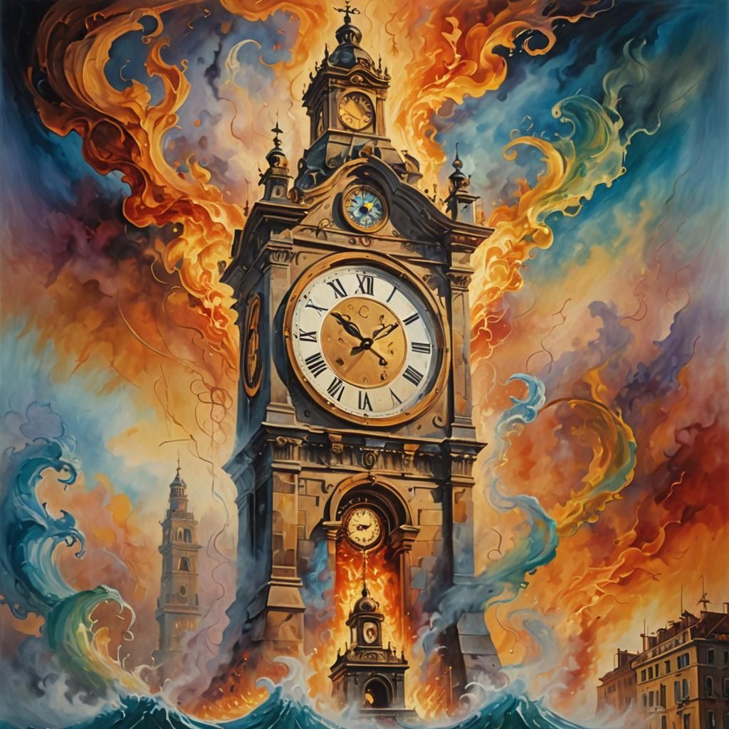 Iridescent Fire Clocktower in Surrealist Style