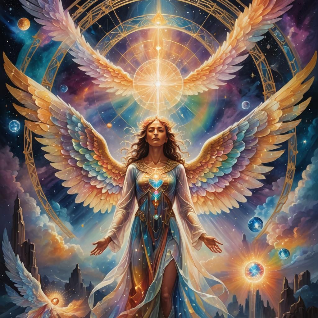 Angelic Being in Cosmic Surrealist Cityscape