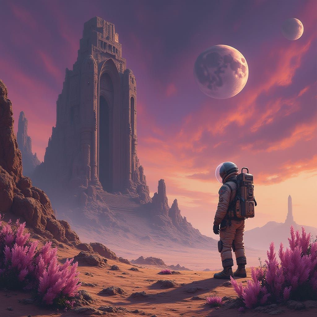 Astronaut Discovers Ancient Alien Ruins Under Nebula Sky