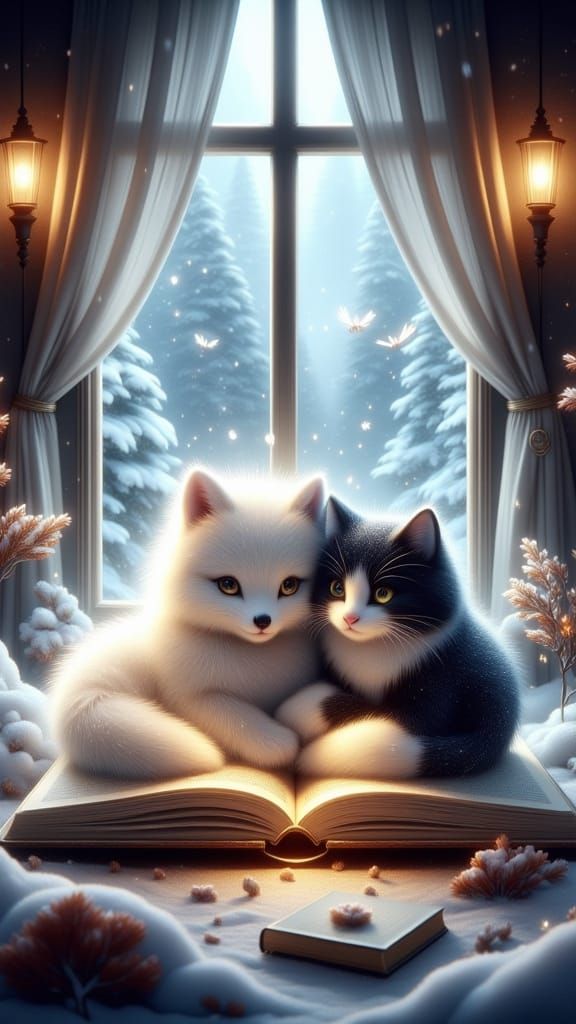 Fox and Cat Fairy Tale Friendship in Winter Cabin