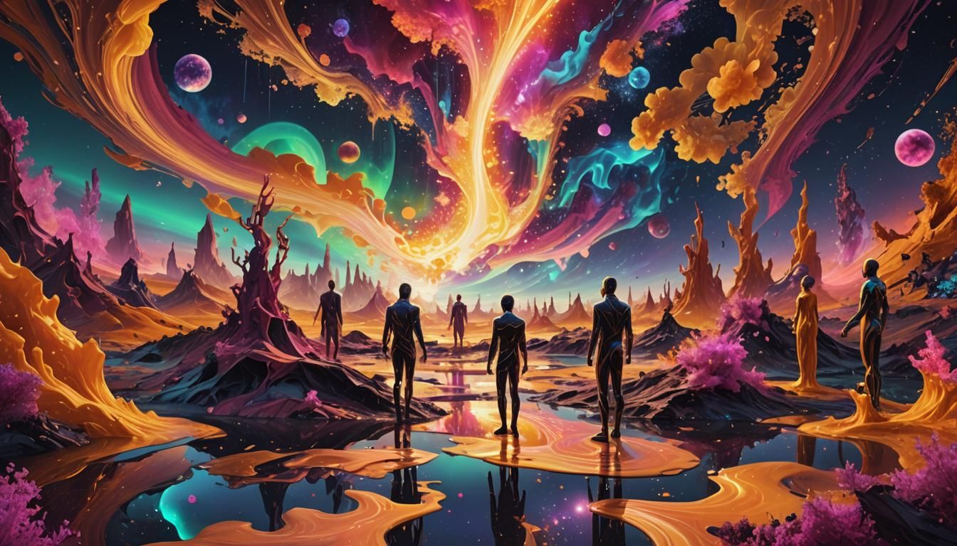 Surreal Digital Art: Abstract Figures in Dreamlike Landscape