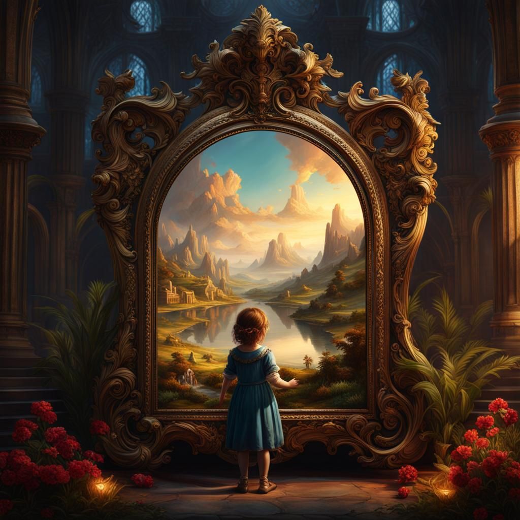 Child Holds Mirror Reflecting Old Painting: Digital Art