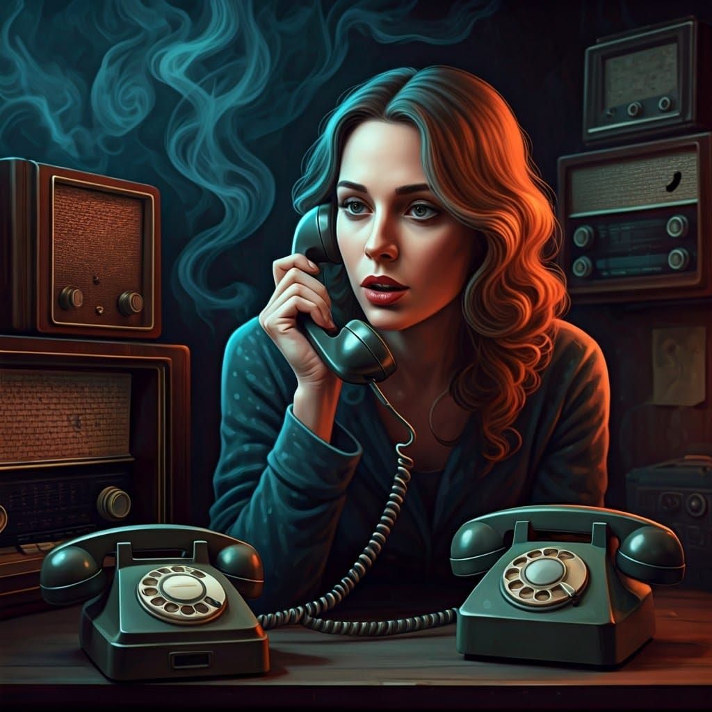 Mystical Woman Whispering on Retro Telephone