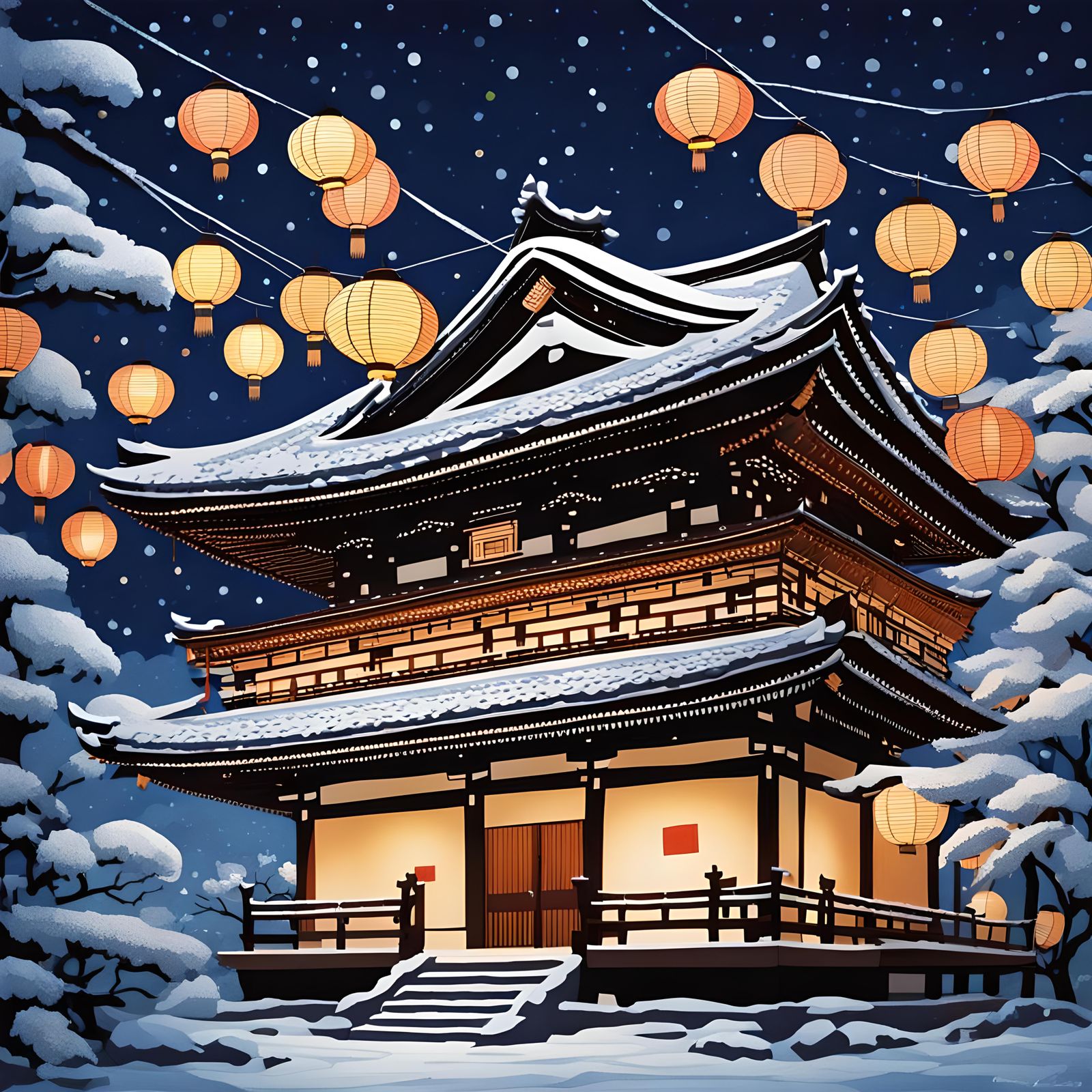 Kyoto Temple at Night with Lanterns, Klimt Style