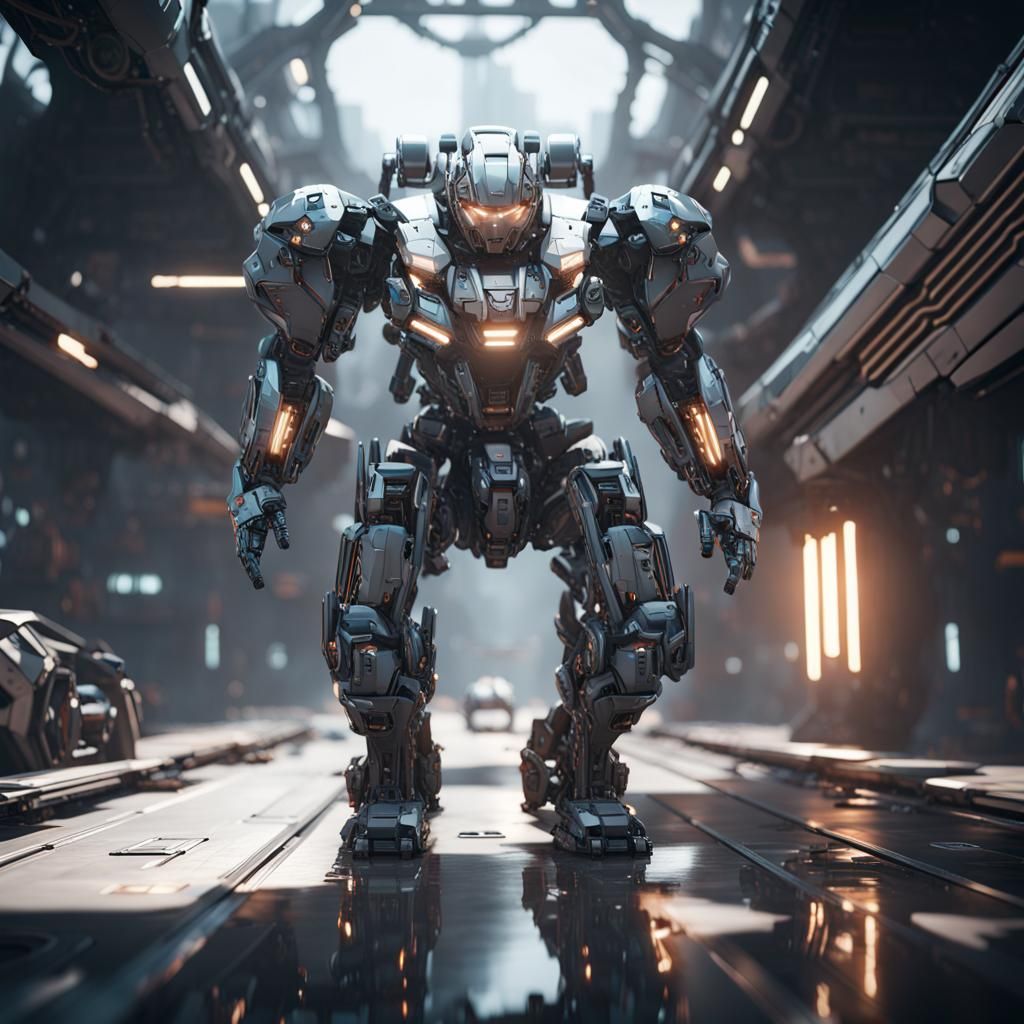 Futuristic Man Driving Polished Sci-Fi Mech Suit