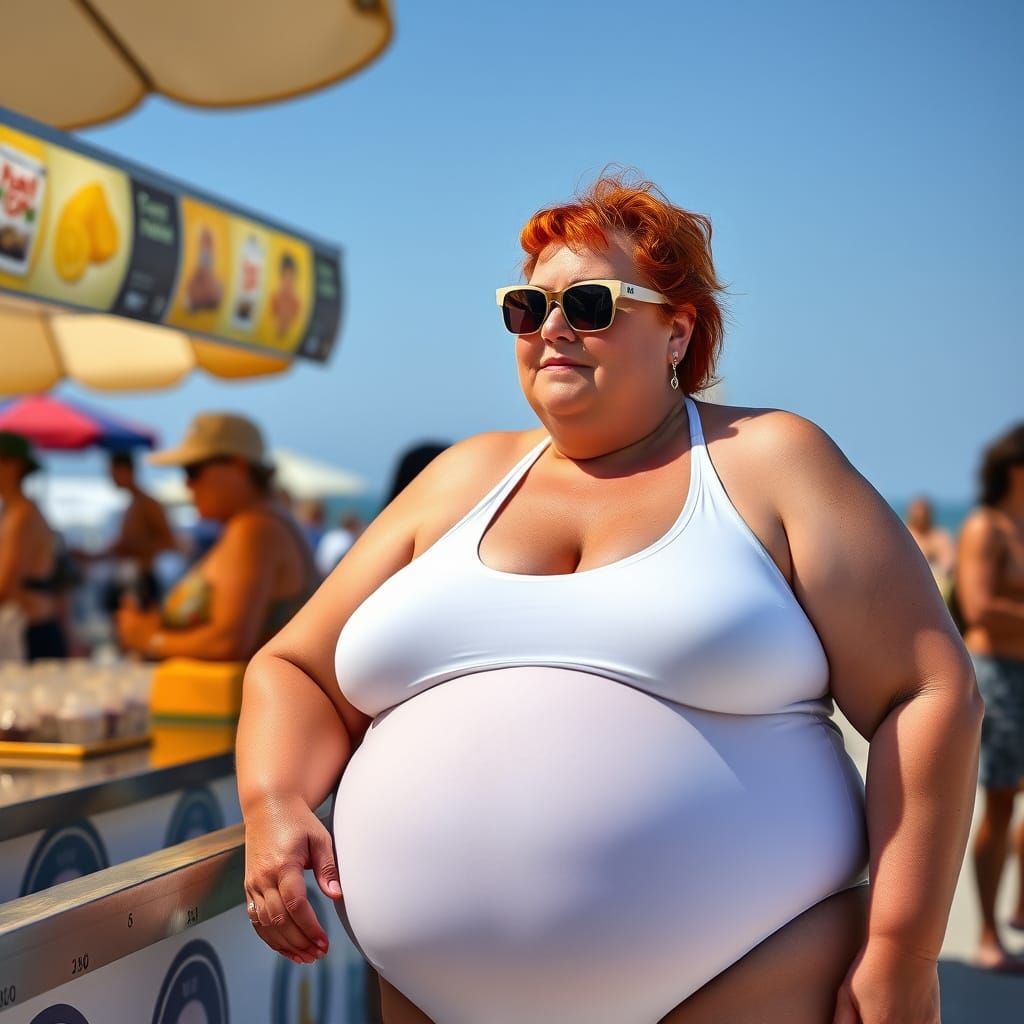 Morbidly Obese Redhead Wears Swimsuit at Beach Refreshment S...