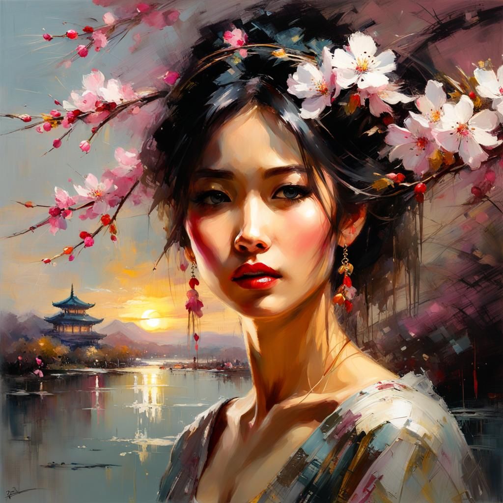 Asian Woman with Cherry Blossoms at Sunset
