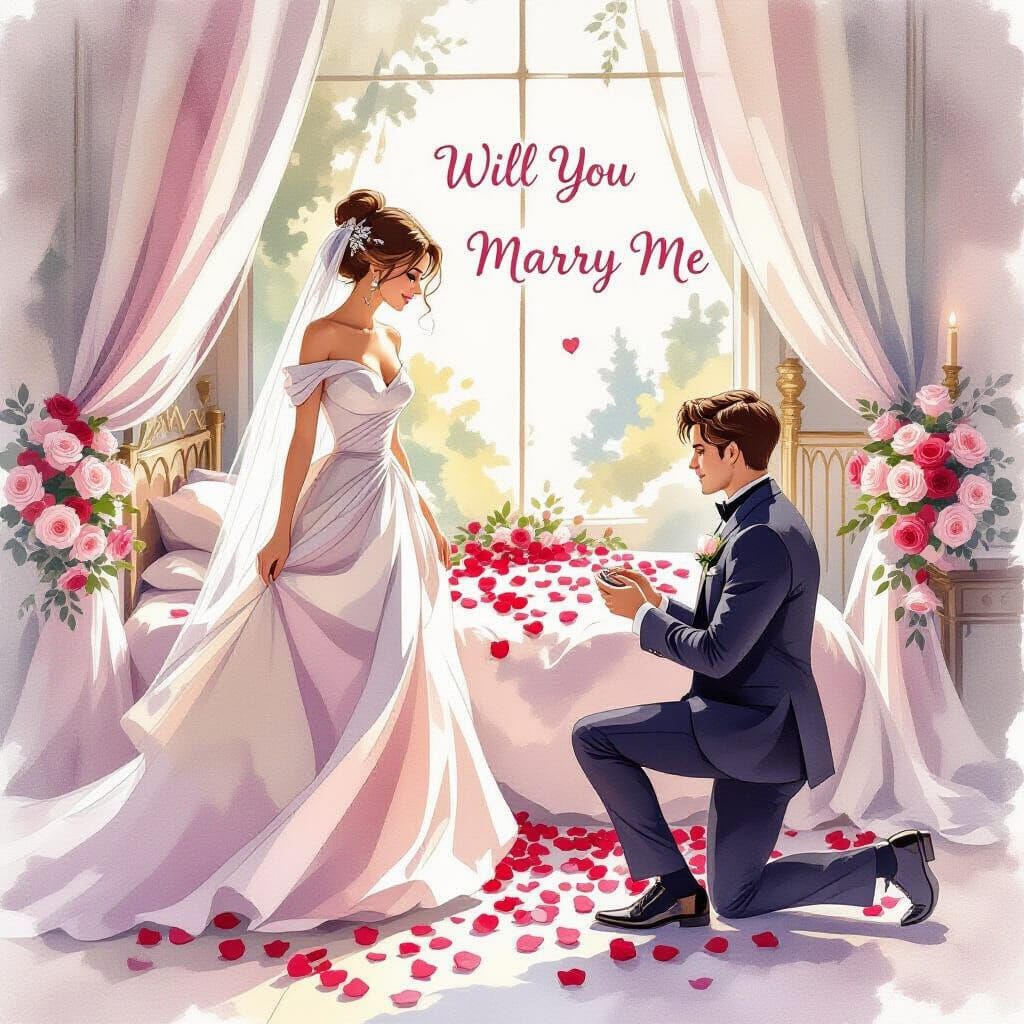 Romantic Proposal in Rose-Filled Bedroom