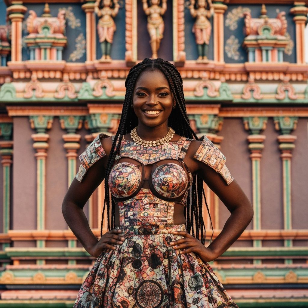 Smiling Woman in Futuristic Couture at Hindu Temple