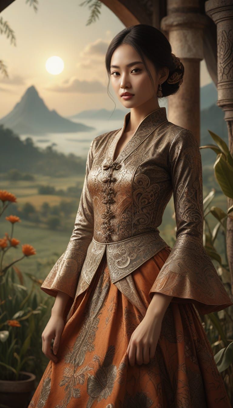 Surreal Javanese Woman in Kebaya with Batik Background