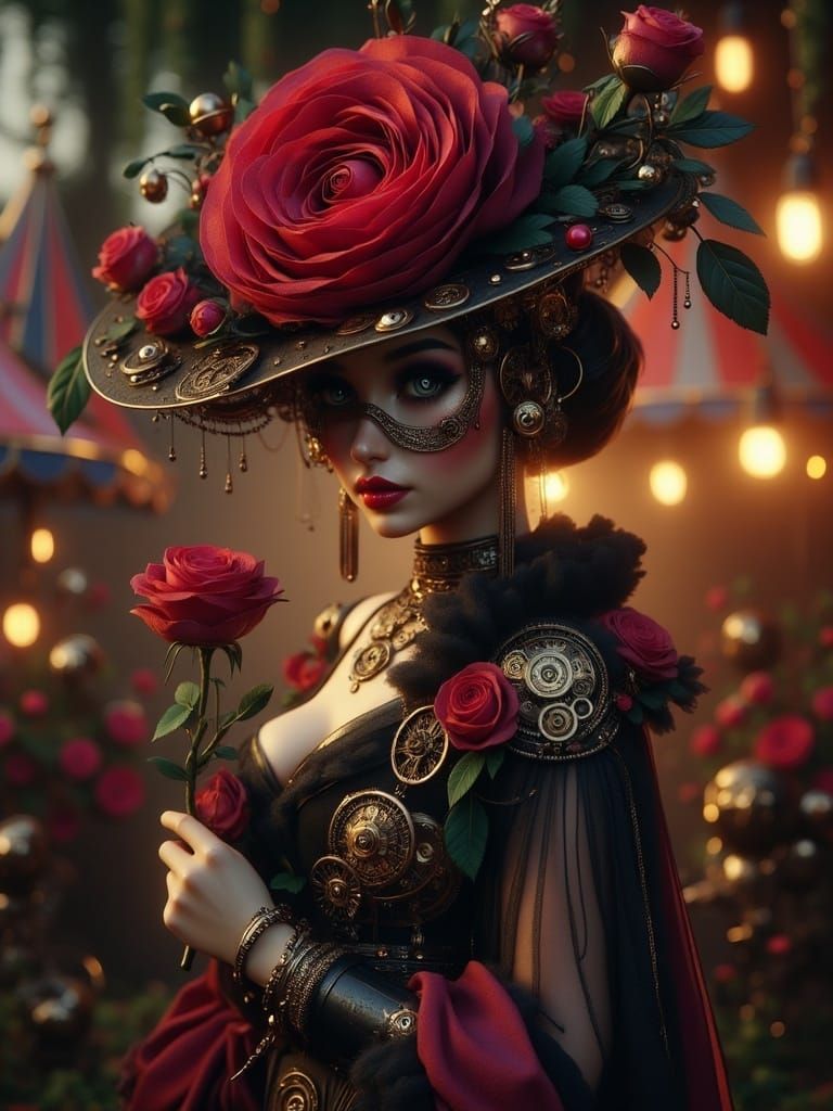 Surreal Steampunk Rose Blooms with Industrial Elegance in a...