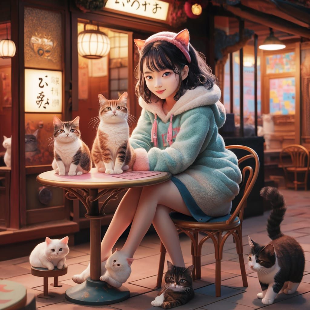 Cozy Cat Cafe Illustration Inspired by Studio Ghibli