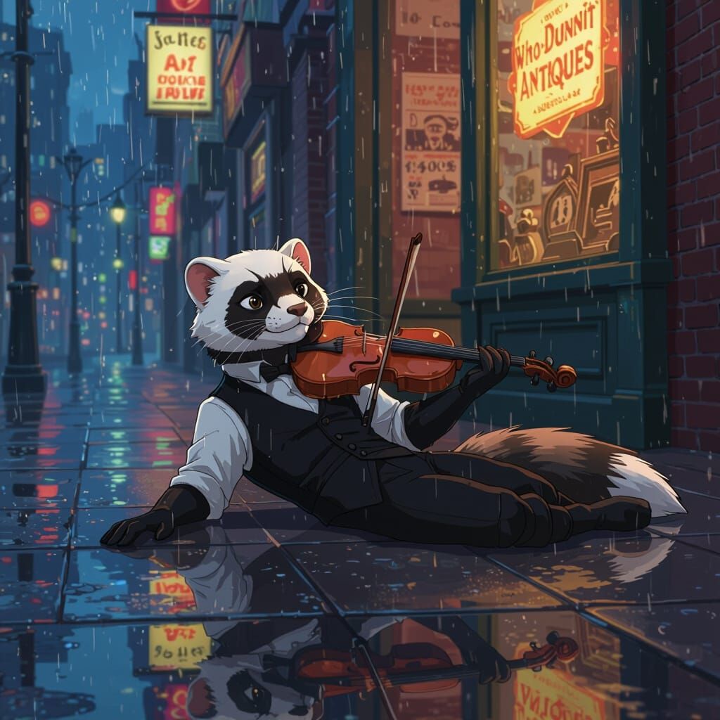 Ferret Musician on Rainy Sidewalk in Anime Style