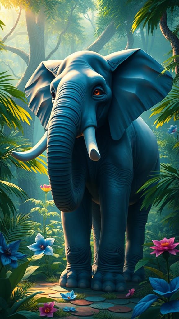 Proud Cartoon Elephant in Lush Forest: Fantasy Concept Art