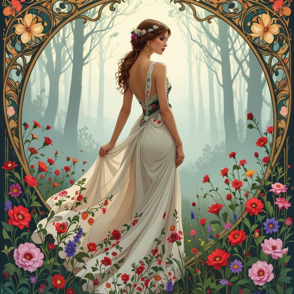 Elegant Woman in Misty Forest, Art Nouveau Style
