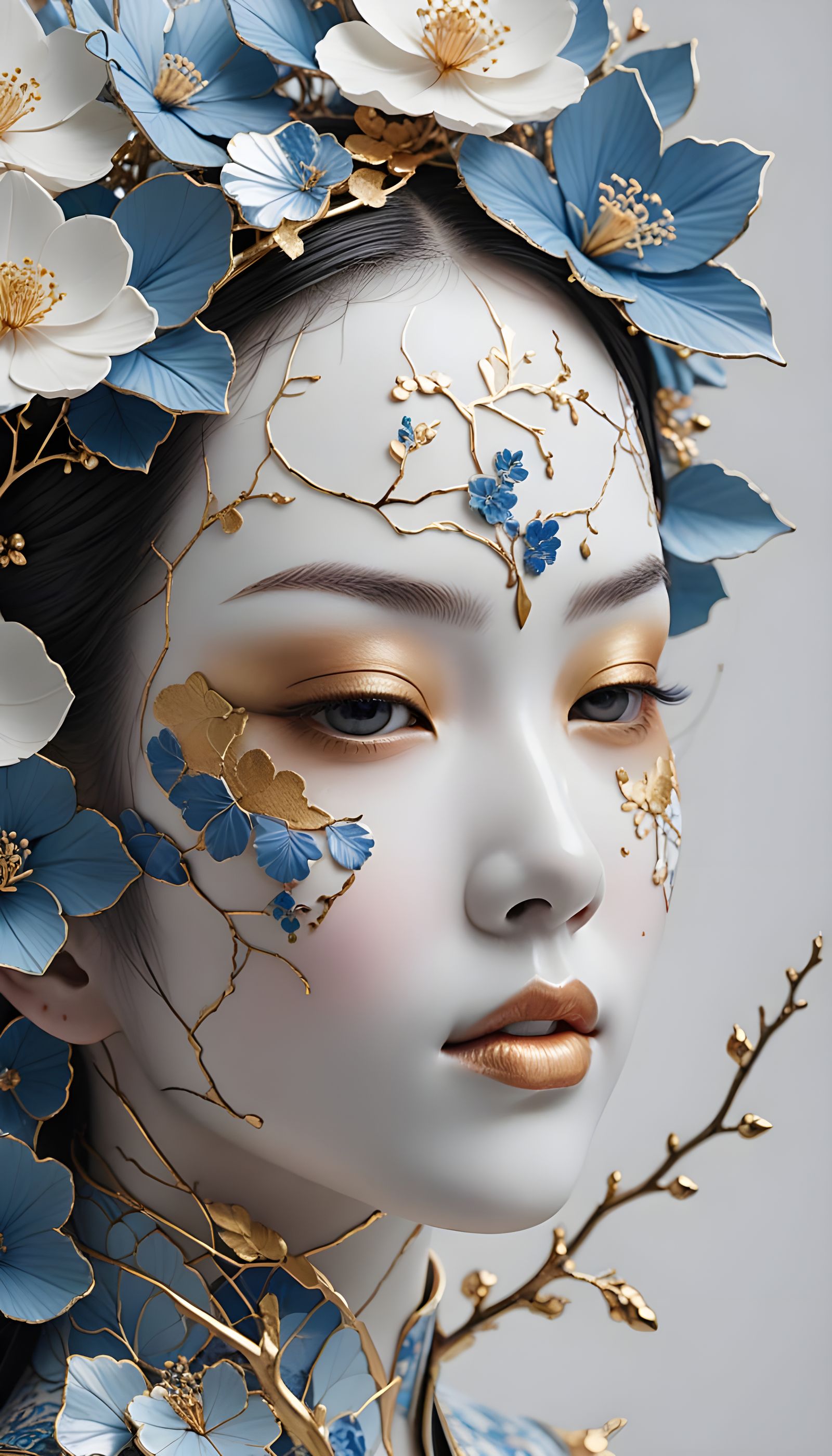 Asian Woman Merging with Porcelain in Kintsugi Style