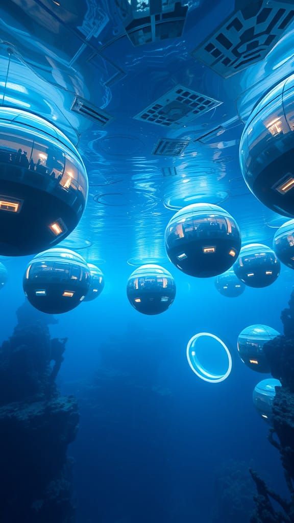 Deep below the surface, an awe-inspiring underwater city unfolds, illuminated by a soft blue glow. This future metropoli...