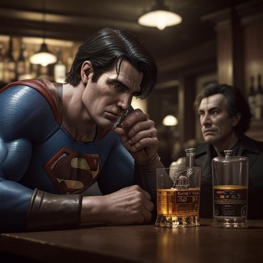 Superman and Batman in an Old Bar