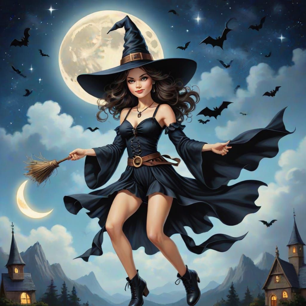 Mystical Witch Soars Under Lunar Light
