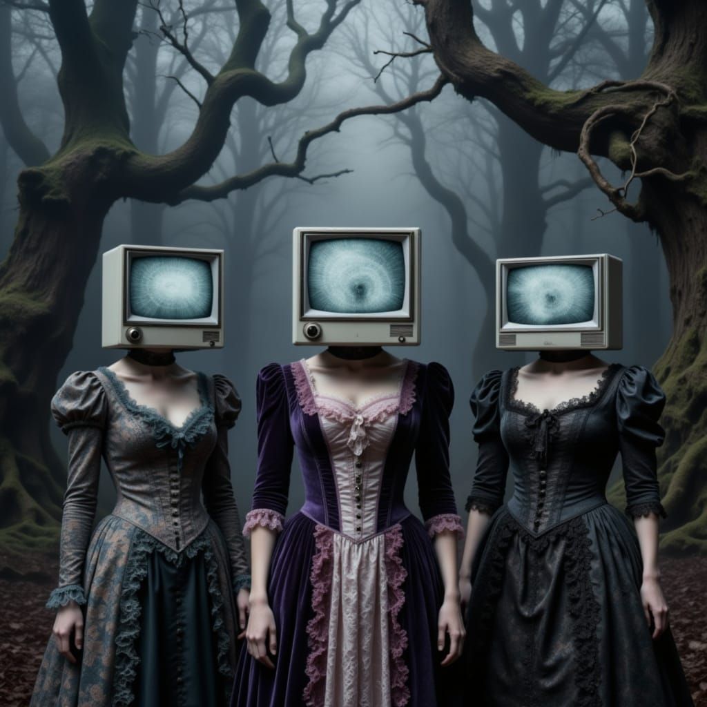 Victorian Women in Misty Forest with Vintage Computers