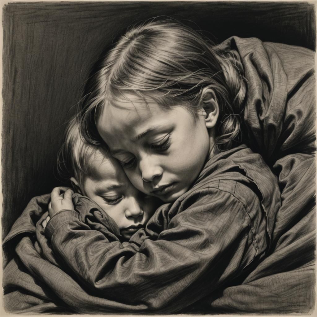 Child Sleeps Securely with Mother: Charcoal Drawing