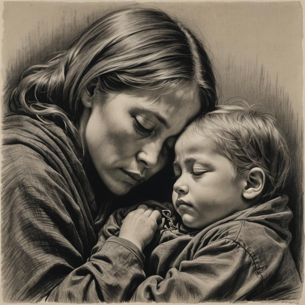 Child Sleeps Securely in Mother's Arms: Charcoal Drawing