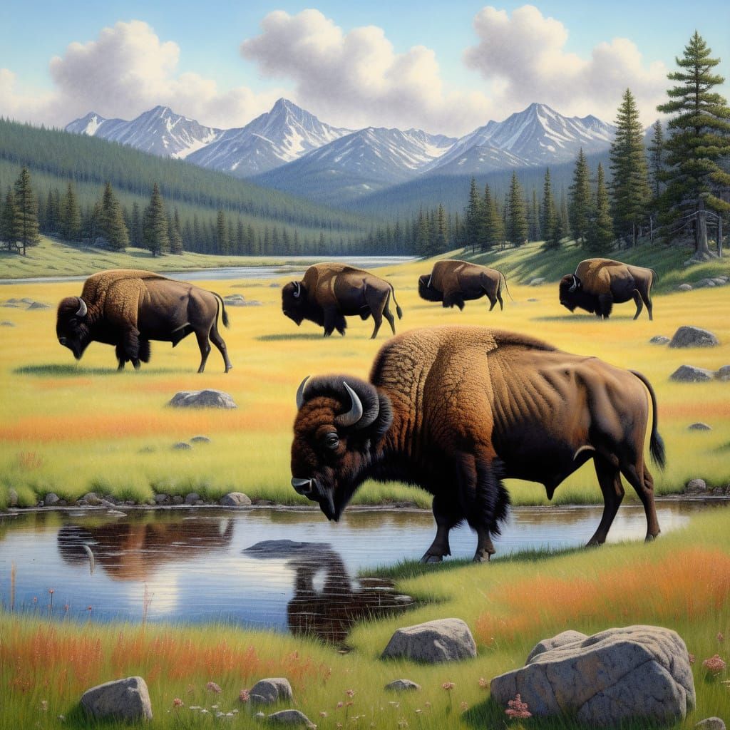 Bison Herd Grazing in Morning Sun Colored Pencil Style