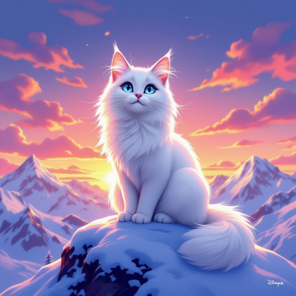 Majestic White Cat on Snowy Peak, Disney Style