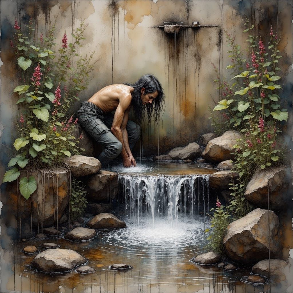 Homeless Man Creates Waterfall: Ink Drawing