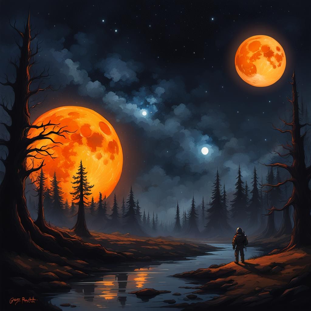 Sinister Galaxy at Midnight Hour with Orange Moon