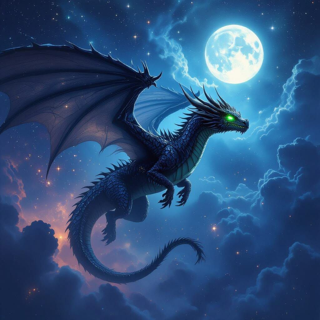 Majestic Dragon Soaring Through Starry Night Sky