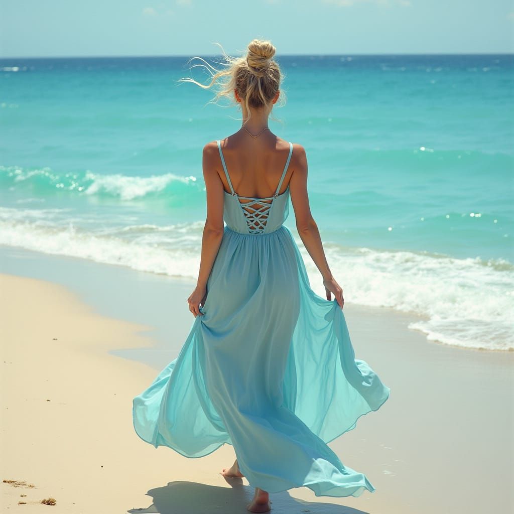 Elegant Woman on Beach in Hyperrealistic Style