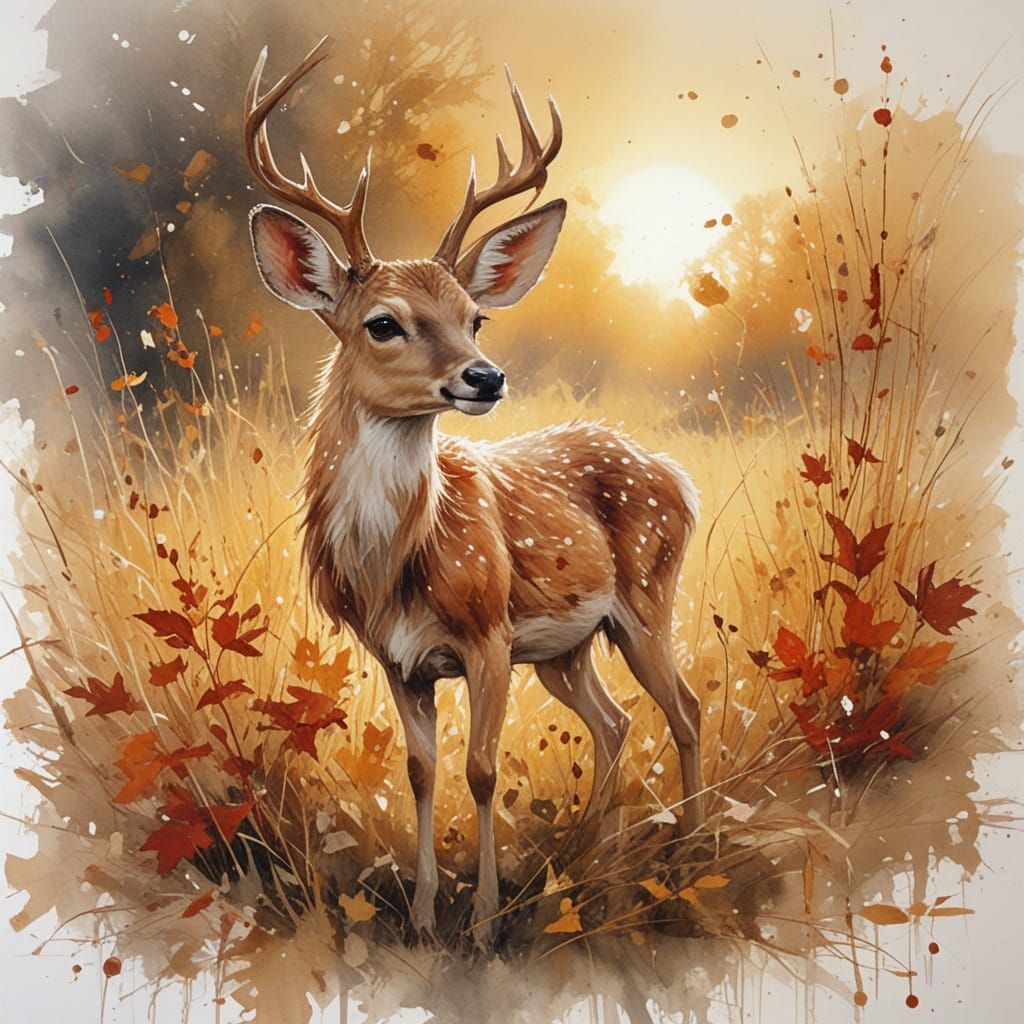 Playful Red Fawn in Autumn Meadow at Dawn
