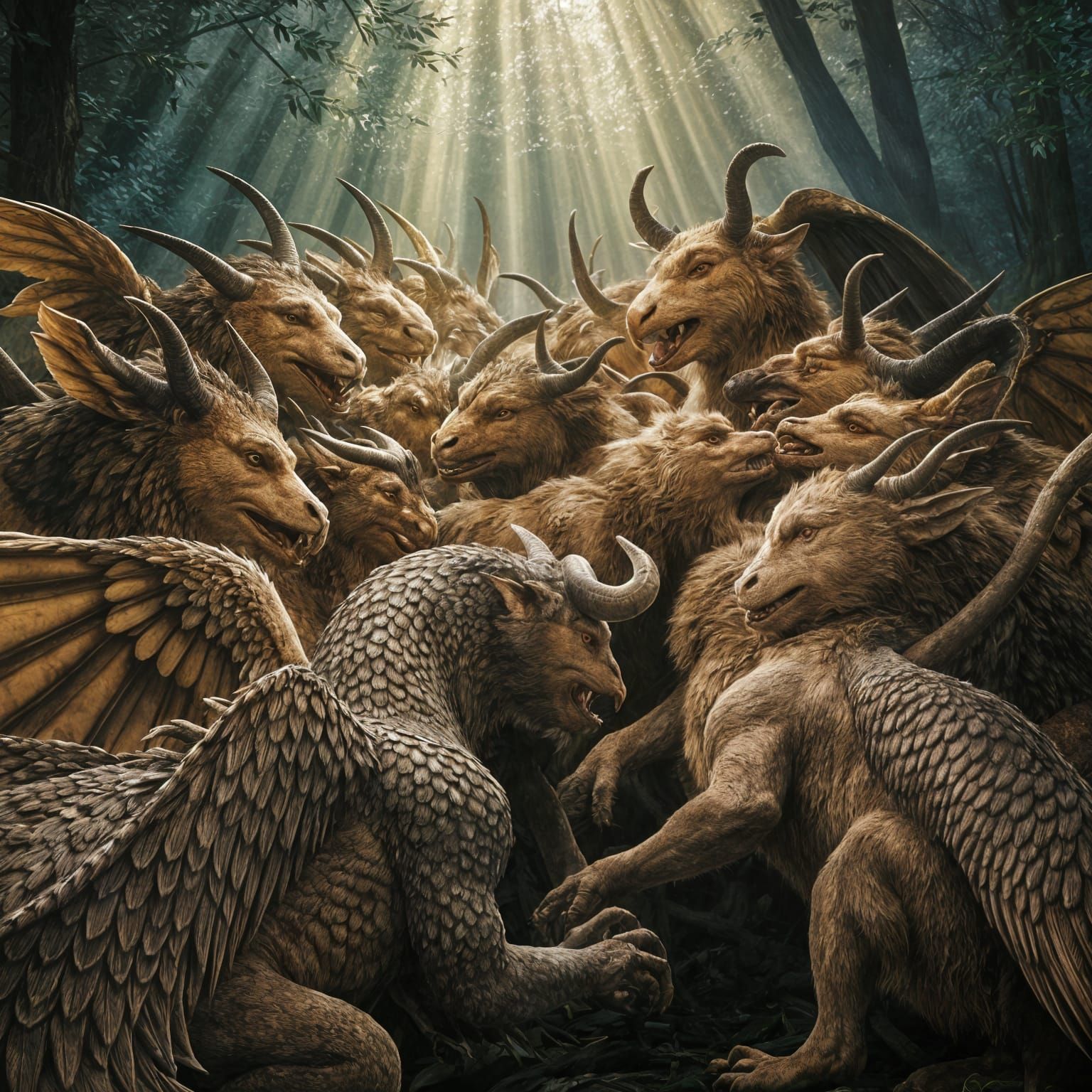 Mythological Beasts Gather in Misty Forest