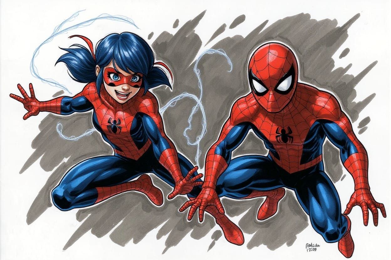 Ladybug and Spiderman Action Scene in Comics Art