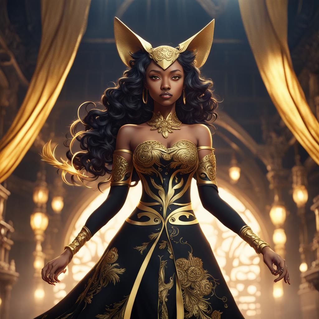 Anime Kitsune in Black and Gold Dress