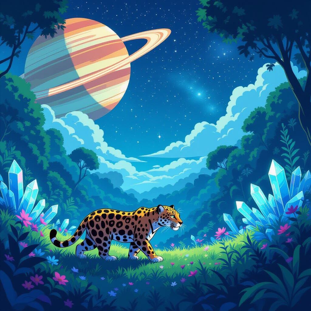 Cosmic Jaguar Prowls Alien Jungle: Anime Style