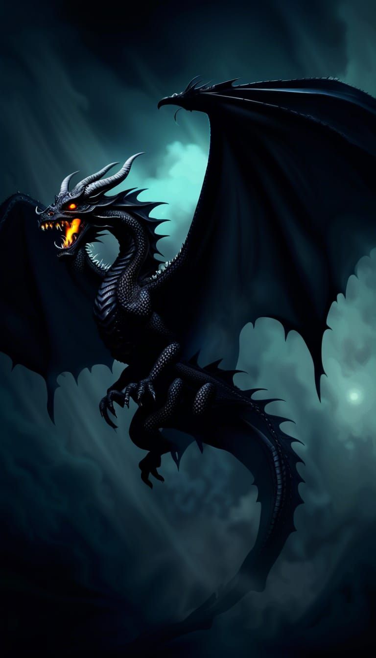 Ominous Black Dragon in Dark, Foggy Landscape