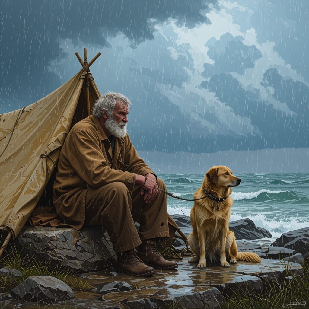Man Awaits Coastal Storm with Dog, Cinematic Digital Art