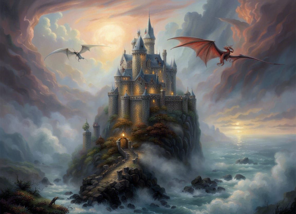 Gothic Castle with Dragons in Ethereal Mist