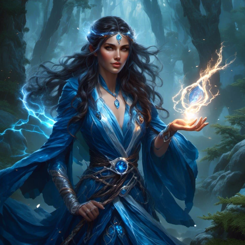 Mystical Sorceress with Ice Staff in D&D Forest
