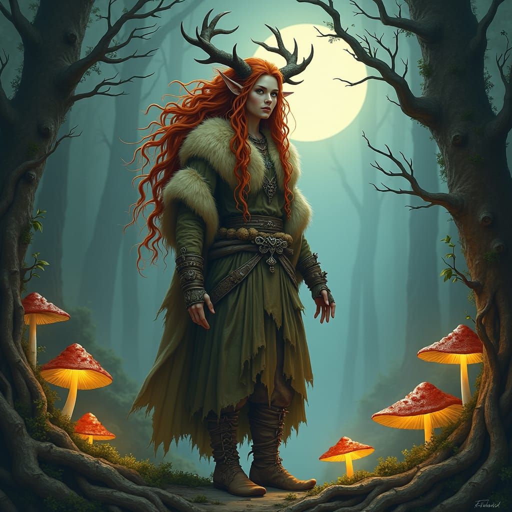 Mystical Firbolg Druid in Moonlit Forest