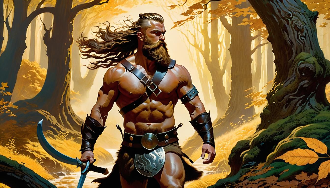 Viking Warrior in Windswept Forest, Frazetta Style