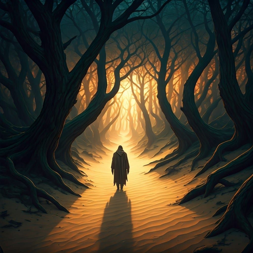 Eerie Forest Path with Lone Figure in Dark Fantasy Style
