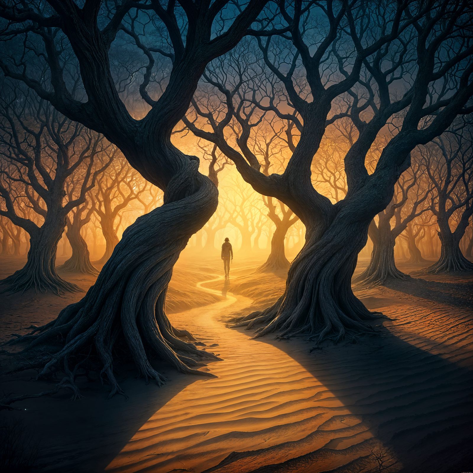 Eerie Landscape with Ancient Trees and Golden Sand