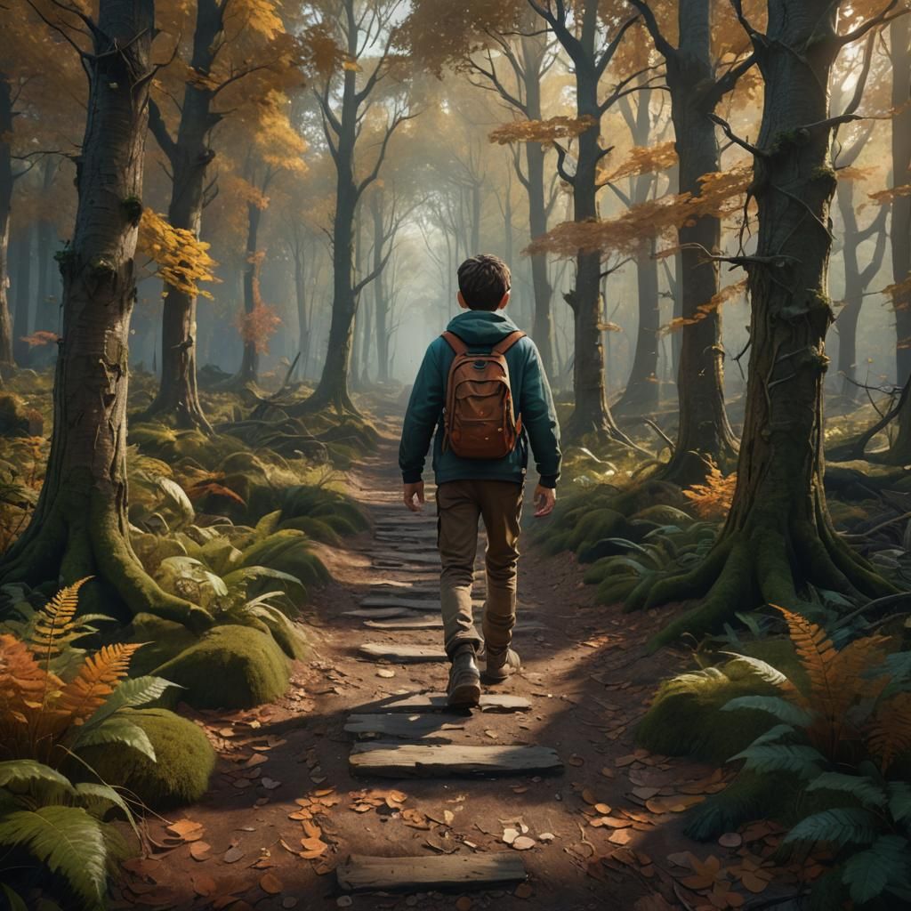 Boy in Autumn Forest: Detailed Matte Painting