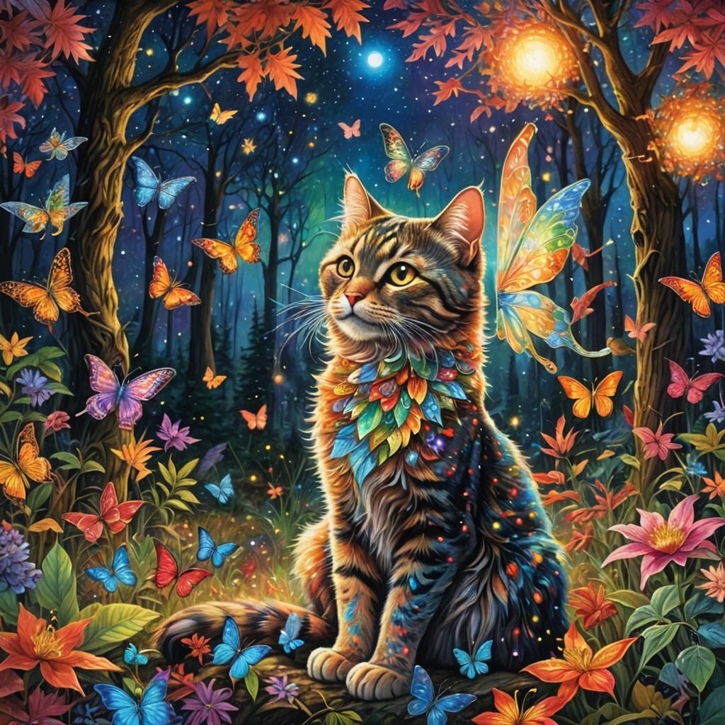 Glowing Cat and Fairy in Enchanted Forest